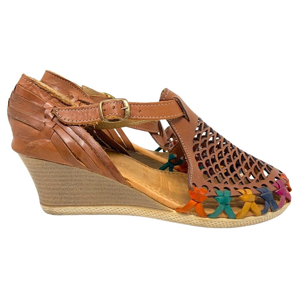 Brown Leather Wedge Sandals with Multicolor Accents